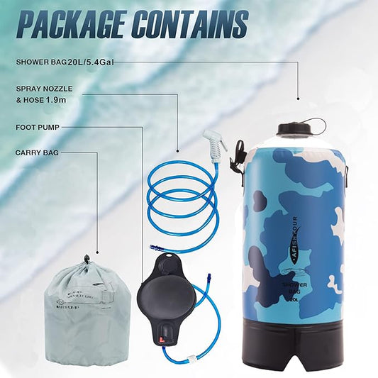 Portable Camping Shower Bag - 10L/2.2 Gallons 20/5 Gallons Solar Shower Water Bag with Foot Pump, Hose and Shower Head - Camp Shower for Camping, Beach, Travel, Outdoor Activities