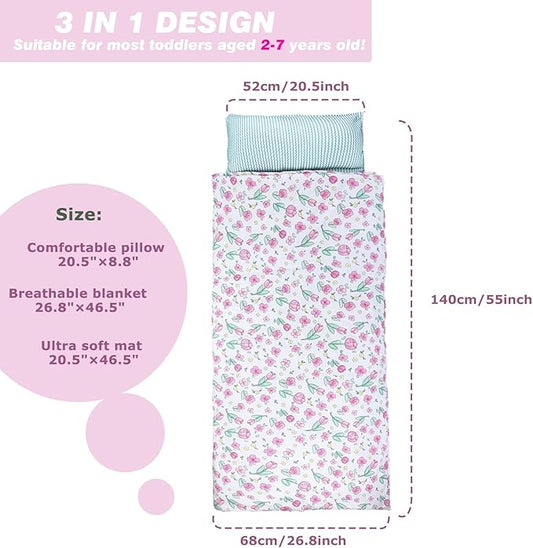 Toddlers Nap Mat with Removable Pillow and Soft Blanket, Lightweight Daycare Preschool Kindergarten Sleeping Bag, Travel Slumber for Kids Girls Boys