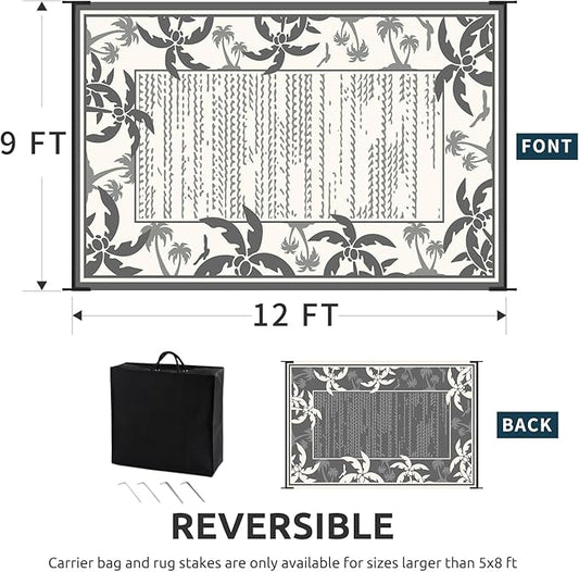 COCOER Outdoor-Rug 9x12 ft Waterproof Outdoor Plastic Straw Rug Reversible RV Indoor Outdoor Carpet Quick Dry Patio Rug Camping Mat for Balcony Backyard Picnic Beach-Grey&Beige