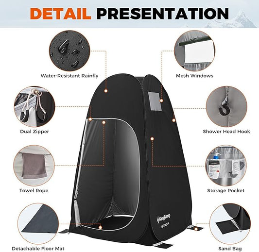 KingCamp Camping Shower Tent, Portable Outdoor Privacy Toilet & Changing Tent Windproof & Waterproof Easy Setup 1 or 2 Room Shelter with Shower Bag for Camping Hiking Beach