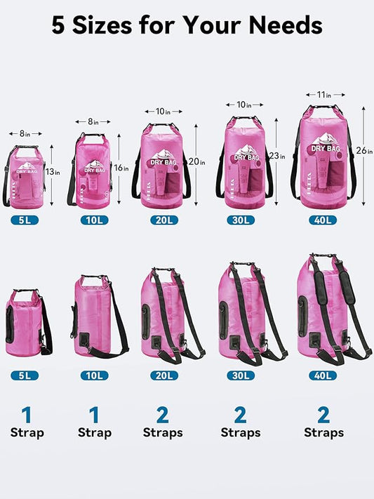 HEETA Dry Bag Waterproof for Women Men, 5L/10L/20L/30L/40L Roll Top Lightweight Dry Storage Bag Backpack with Phone Case for Travel, Swimming, Boating, Kayaking, Camping & Beach, 11 Transparent Colors