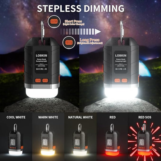 LOBKIN Camping Rechargeable Lantern, Multifunctional Camping Light 5 Modes, Portable Tent Lamp USB 15600 mAh for Camping, Hiking, Fishing