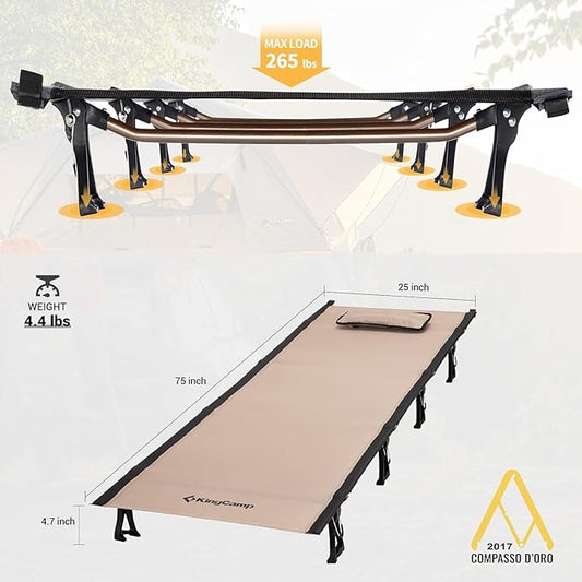 KingCamp Ultralight Camping Cot, Portable Folding Cots 265lbs Heavy Duty Sleeping Bed with Pad Pillow for Adults Outdoor Backpacking Travel Hiking, Khaki