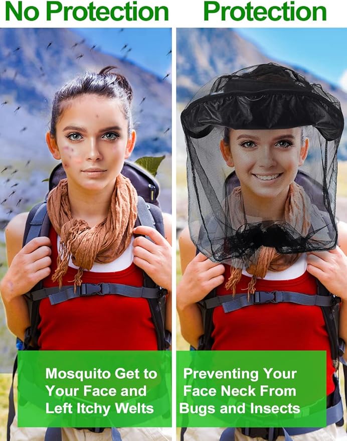 Wohohoho Mosquito Head Net Mesh With Drawstring, Bug Face Shield for Hats, Beekeeper Mask Protection for Men & Women Against Midges, Bugs & Gnats (2 Packs, Black, Updated Big Net)