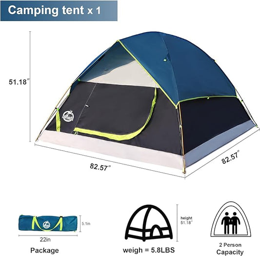 9-Piece Camping Tent Kit - 1 Dome Tent (2 or 3 Person), 2 Sleeping Bags, 2 Air Mattresses, 2 Single Camping Hammocks, 2 Blankets