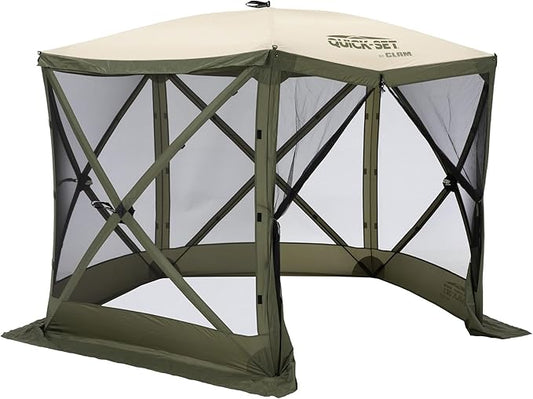 CLAM Quick Set Venture 9x9 Ft Portable Outdoor Camping Canopy Shelter, Green/Tan + Clam Quick Set Screen Hub Tent Wind & Sun Panels, Green (2 Pack)