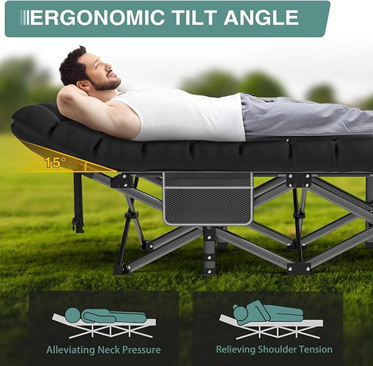 ZENPETIO Camping Cot for Adults, Heavy-Duty Portable Cot Bed with Mattress, Foldable Padded Sleeping Cots for Camping Travel Tent Day Bed Outdoor & Home Guest, Max Load 500 LBS, 75x28x15”