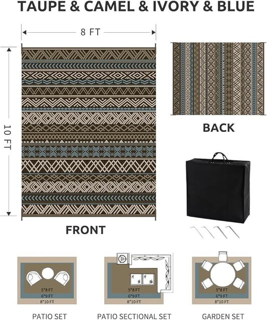 MontVoo Outdoor Rug Carpet 8x10 Waterproof-Patio Rug Mat Reversible RV Camping Rug Picnic Mat Plastic Straw Outside Rug for Balcony Porch Deck Beach-Boho Outdoor Area Rug for Patio Decor Colorful