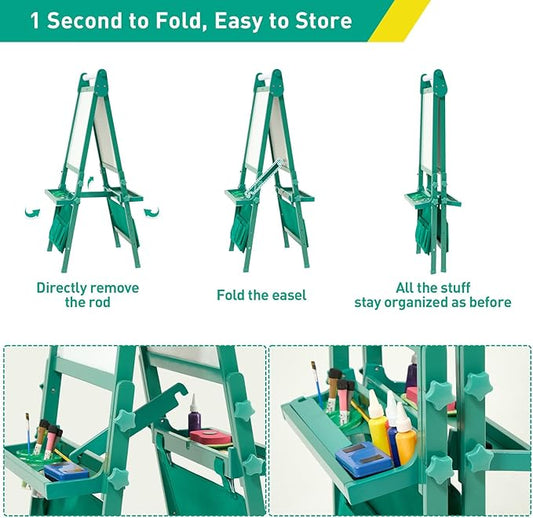FUNLIO Foldable Anti-Warping Kids Art Easel, 3 Height Adjustable Toddler Easel, All-in-One for Kids Aged 3-8 with Paper Roll, Standing Easel with Magnetic Chalkboard/Whiteboard - Viridian Foldable