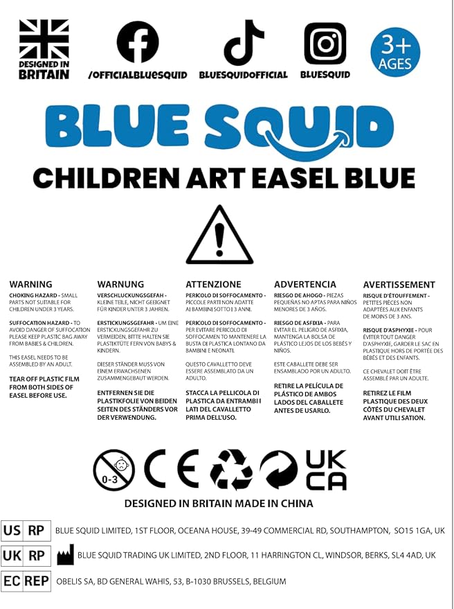 Blue Squid Art Easel for Kids - Dual-Sided Adjustable Wooden Painting Easels, Ideal Christmas Gift for Toddlers and Kid - with Magnetic Chalk Board, White Board & Paper Roll, Includes Accessories