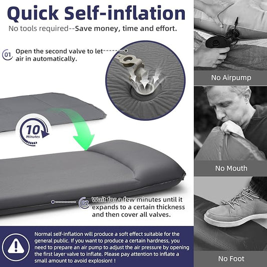 INVOKER Camping Sleeping Pad 2.75” Memory Foam Fast Self Inflating Insulated Durable Camping Mat Air Mattress with Pillow,for Tent, Traveling, Car, Camping, Grey