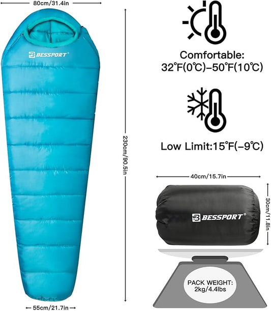 Bessport Mummy Sleeping Bag | 15-45 ℉ Extreme 3-4 Season Sleeping Bag for Adults Cold Weather– Warm and Washable, for Hiking Traveling & Outdoor Activities