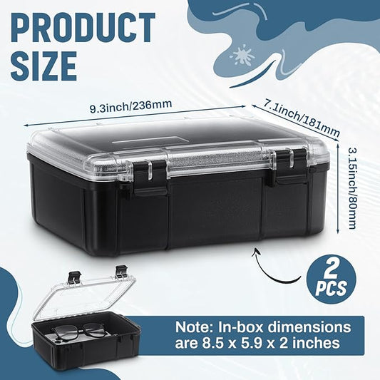 2 Pcs Waterproof Dry Box for Boat Junction Box 9.3 x 7.1 x 3.15 Inches Watertight Storage Box Protective Case Airtight Dry Box for Mobile Phones Wallets Camping Hiking Boating, Black