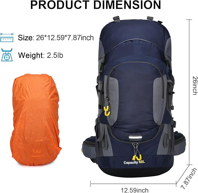 ShowyLive 60L Waterproof Hiking and Camping Backpack for Men - Durable, Lightweight Large Hiking Backpack with Rain Cover, Multi Compartments, and Adjustable Straps, Blue