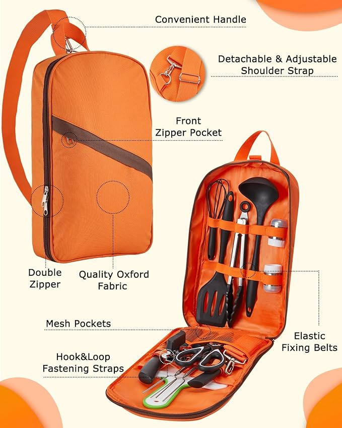 Camping Cooking Set - Camping Utensil Set Car Camping Cooking Essentials Gear for Camp Kitchen Cooking and Grilling, Stainless Steel & Silicone Ideal Gift for RV Tent Camper, Picnics, BBQs