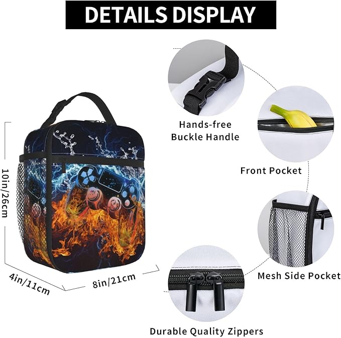 Video Game Lunch Box Fire and Water Game Lunch Bag Insulated Portable Reusable Lunch Tote Kit Waterproof Cooler Bag for Men Women Picnic Office Collega Travel Working