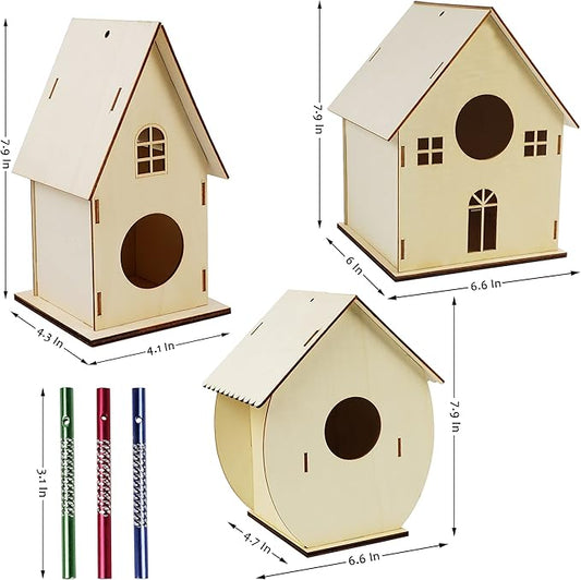 3 Pack Bird Houses for Outside, DIY Bird House Wind Chime Kit, Bird House Kits for Children to Build, Wooden Bird Houses to Paint, Wooden Craft Kits for Kids Girls Boys Toddlers