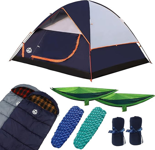 9-Piece Camping Tent Kit - 1 Dome Tent (2 or 3 Person), 2 Sleeping Bags, 2 Air Mattresses, 2 Single Camping Hammocks, 2 Blankets