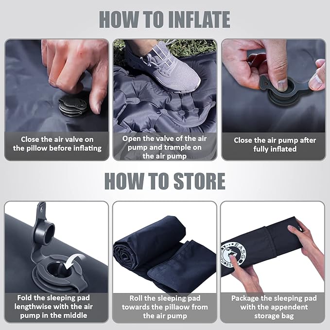 Sleeping Pad for Camping, Inflatable, Backpacking, Hiking, Travel, Built-in Step Inflating Air Pump, Integrated Pillow, Indoor Outdoor Firm Sleep Support, Compact and Portable, Black