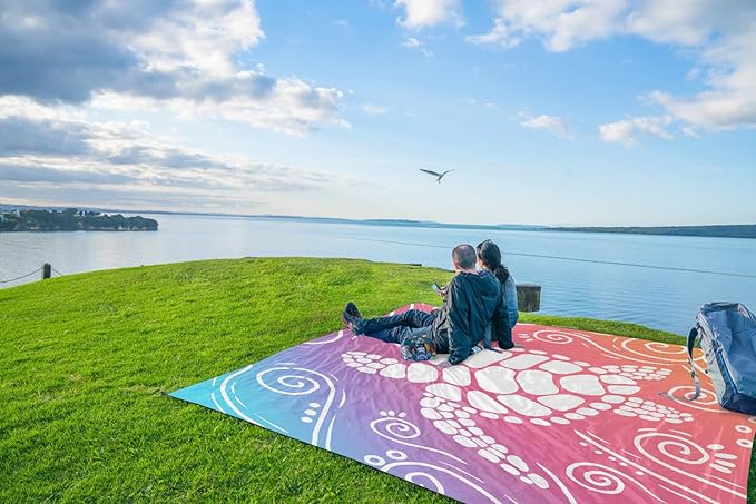 WEKAPO Beach Blanket Waterproof Sandproof Oversized Extra Large Sand Free Beach Mat with Stakes, Storage Bag - Essentials for Outdoor Beach, Picnic (Pinkish Purple Sea Turtle, 8 X 7 FT (1~4 Person))