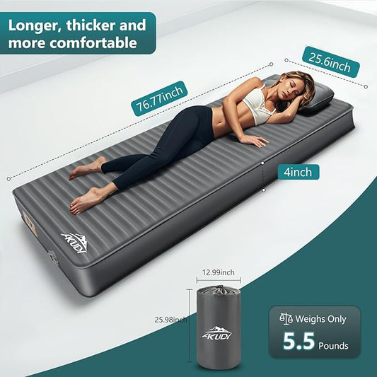 Self Inflating Sleeping Pad with Electric Pump, 4" Ultra-Thick Memory Foam Camping Pad with Pillow, 9.5 R-Value Insulated Camping Mattress, Grey