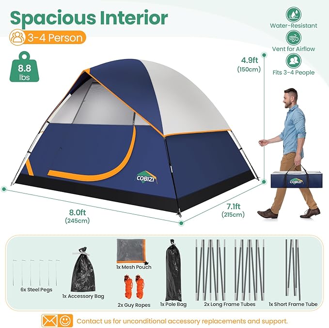 COBIZI Camping Tent, 4/6 Person Easy Setup Waterproof Windproof Backpacking Tent with Removable Rainfly, Lightweight Portable Outdoor Family Tents for Camping, Travel, Fishing, Hiking, Scouts