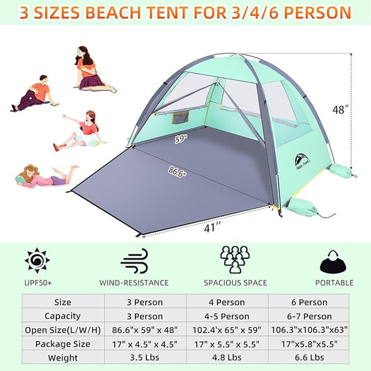Happy Travel Beach Tent, UPF 50+ UV Protection Sun Shade Shelter for 3/4/5/6/7/8 Person, Portable Beach Canopy for Family & Baby, Lightweight & Easy Setup Beach Cabana with 3 Ventilation Mesh Windows