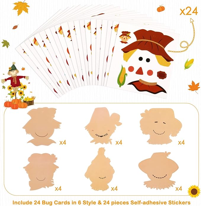 Yexiya 24 Pieces Fall Scarecrow Head Craft Kits Assorted Scarecrow DIY Ornaments for Kids Art Gift Favors Autumn Thanksgiving Project Home Classroom Game Activities