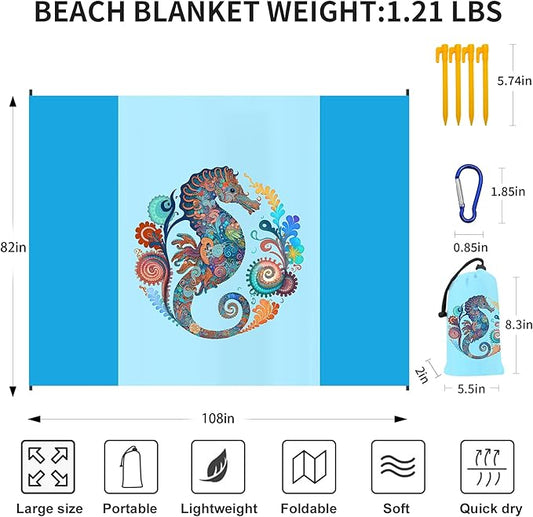 Large Beach Blanket Waterproof Sandproof 108"x 82" for 1-6 Adults,Quick Drying Beach Mat,Lightweight & Durable,Beach Essentials for Family Beach Camping Travel Picnic