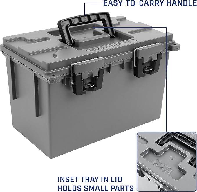 Sheffield 12775 2-Pack XL Ammo Storage Box, Stackable .50 Cal Field Boxes, Water and Dust Resistant, Lockable Storage Box with Handle, Heavy Duty Protection for Hunting Gear, Made in the USA, Gray