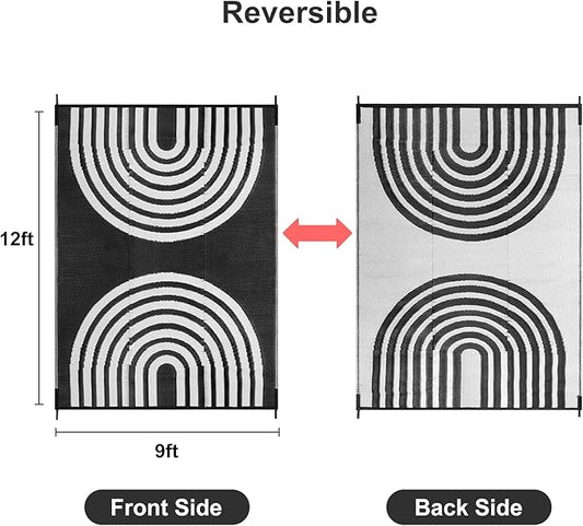 Anidaroel Outdoor Area Rugs 9x12ft Waterproof Clearance, Reversible Camping Rugs for Outside RV, Outdoor Plastic Straw Patio Rugs for Camping, Trailer, Backyard, Pool Deck, Picnic(Black&White, 9‘x12')
