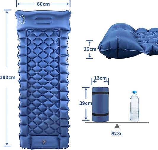 ONTYZZ Sleeping Pad Ultralight Inflatable Sleeping Pad with Built-in Foot Pump Upgraded Durable Compact Camping Air Pad for Camping Hiking Traveling, Blue