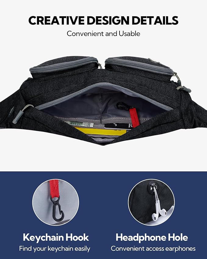 WATERFLY Fanny Pack Waist Bag: Travel Hip Pouch Bum Bag Plus Size Crossbody Fannie Pack Adjustable Belt Waistpack Phanny Fannypack for Man Woman Hiking Walking Jogging