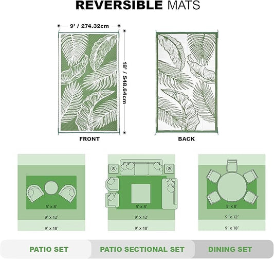 wikiwiki Outdoor Rug, 9x18ft Waterproof Reversible Mat Indoor Outdoor Rugs Carpet, Small Area Rug Plastic Straw Rug for Patio Deck Balcony Pool RV Camping Beach Picnic, Green, Rugscape Series