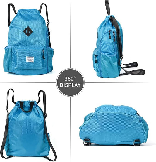 ALUSBELL Large Drawstring Backpack Bag, Sports Gym Bag String Sackpack with Shoes Compartment, Waterproof String Bag Cinch for Women Men(Lake Blue)