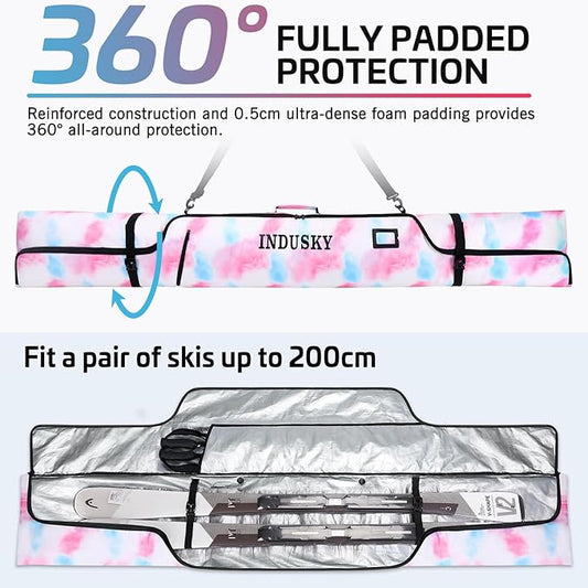 Padded Ski Bag - Waterproof, Adjustable Length, Fits Skis Up to 200cm, Portable Snow Travel Bag with Removable Shoulder Strap