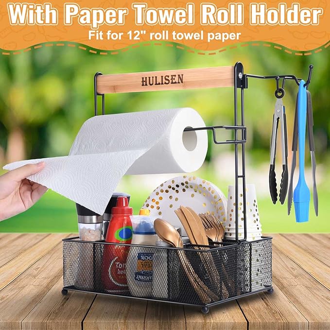 HULISEN Grill Caddy for Outdoor Grill, BBQ Caddy with Paper Towel Holder for Plates, Silverware, Utensils - Picnic & Barbeque & Camping Essentials Accessories for Tailgating, Camper, RV, Backyard