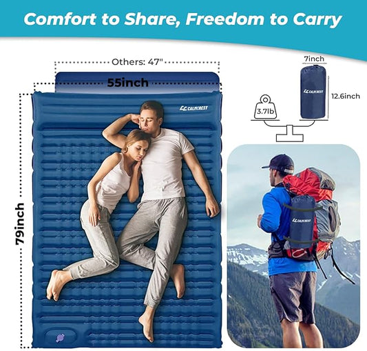 Double Sleeping Pad for Camping, 5" Extra-Thick Inflatable Camping Pad 2 Person with Built-in Foot Pump,Comfort Camping Mat with Pillow, Lightweight Sleeping Mat, Supports Up to 800 lbs-Blue