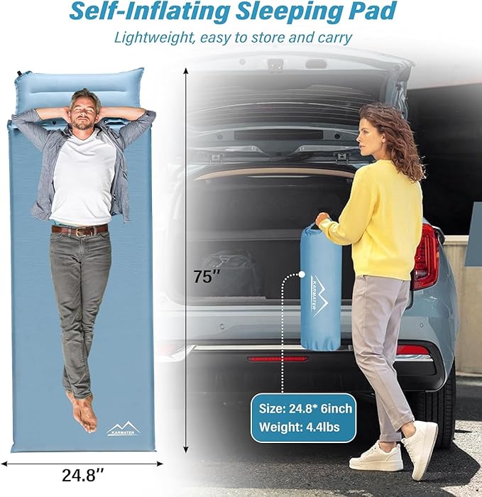Self Inflating Sleeping Pad - Thick Insulated Mattress Pad with Pillow & Inflatable Bag, 9.0 R-Value for Car Camping & Backpacking