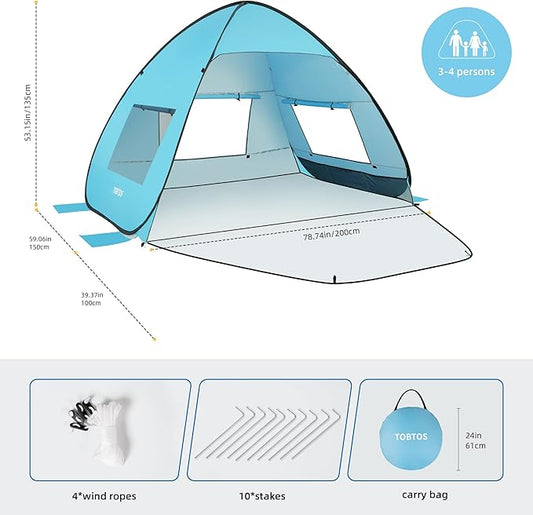 TOBTOS UPF 50+ Pop Up Beach Tent, Easy Set Up Beach Umbrella, Sun Shelter for 2-3 People UV Protection Portable Sunshade, Baby Canopy Cabana, Lightweight with Carry Bag