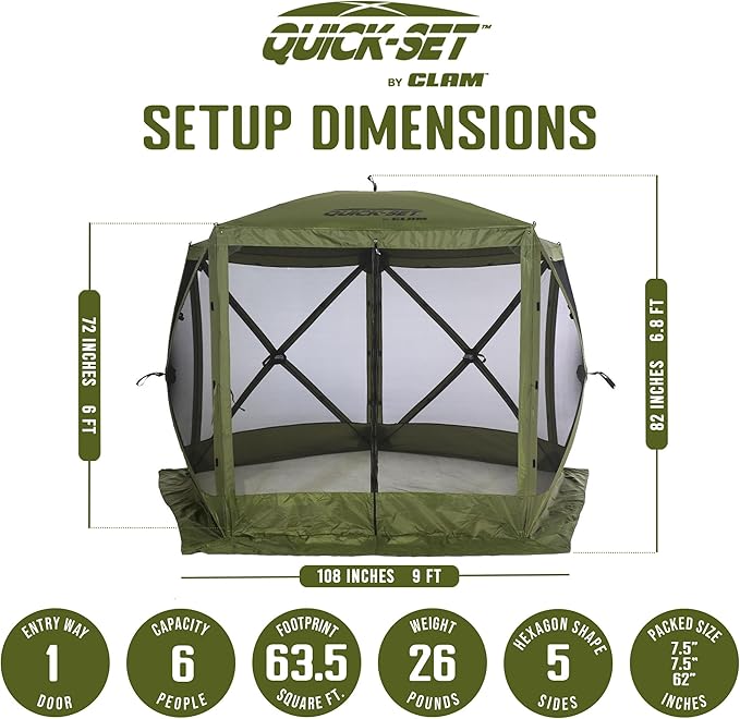 CLAM Quick Set Venture 9 x 9 Foot Portable Outdoor Camping Canopy Sunshade Shelter, Green Bundled with Wind/Sun Panels (3 Pack)