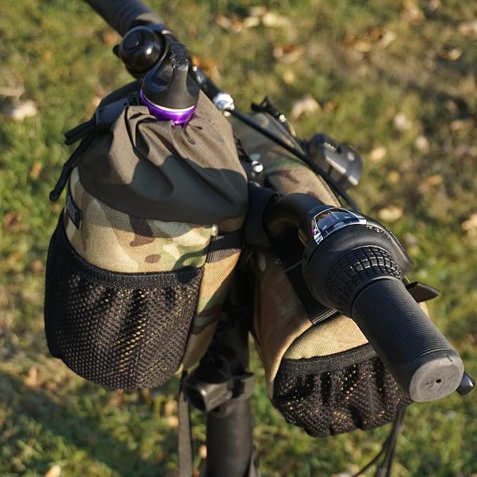 Bongo Bike Handlebar Bag - Water Resistant & Durable Fabric Bicycle Water Bottle Holder, Secure Attachment Bikepacking Stem Bag, Front Biking Storage, Bike Organizer for Cycling - Camo