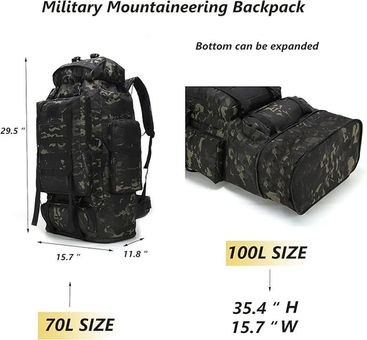 100L Tactical Military Backpack for Men - Waterproof Hiking & Hunting Pack with MOLLE System, Adjustable Suspension, Survival Gear Compartment - Outdoor Camping, Trekking Travel Backpack