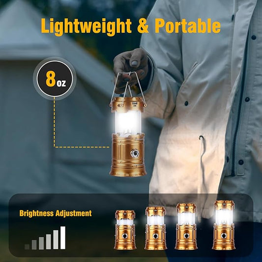 Solar Camping Lantern for Power Outages - USB Rechargeable Lamp Camping Essentials,Collapsible Waterproof Solar Lights for Indoor Outdoor Emergency Light/2 Packs/Gold