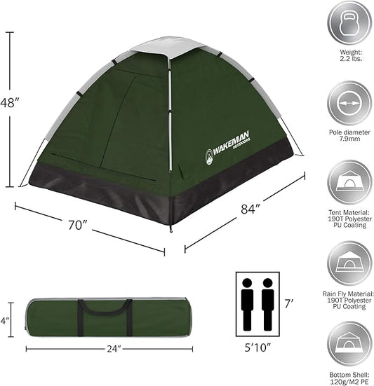 2 Person Camping Tent with Rain Fly and Carrying Bag - Water-Resistant Outdoor Tent for Backpacking, Hiking, or Festivals by Wakeman Outdoors