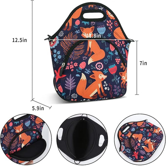 Violet Mist Neoprene Thermal Insulated Resuable Lunch Bag Tote Large with Extra Pocket Detachable Adjustable Shoulder Cute Fox Animal Cartoon Lunchbox Food Handbags Container for Women Christmas