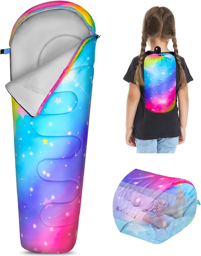 FIOBEE Kids Sleeping Bag for Girls Boys 3 Season Warm & Cool Weather Youth Camping Sleeping Bags with Backpacking Bag Waterproof for Traveling Hiking Indoor Outdoor Camping Essentials
