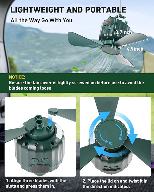 DUKUSEEK Portable Ceiling Fans with Remote Control, Power Bank, USB Battery Operated Camping Fan with Hanging Hook for Canopy Tents, Emergency Survival