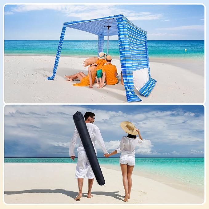 Beach Cabana - Cool 6.2โx6.2โ UPF 50+ Sun Shade, Easy Setup & Portable, Waterproof Canopy with Sand Pockets, Side Wall & Beach Umbrella Tent Design - Perfect for Family Trips, Picnics & Camping