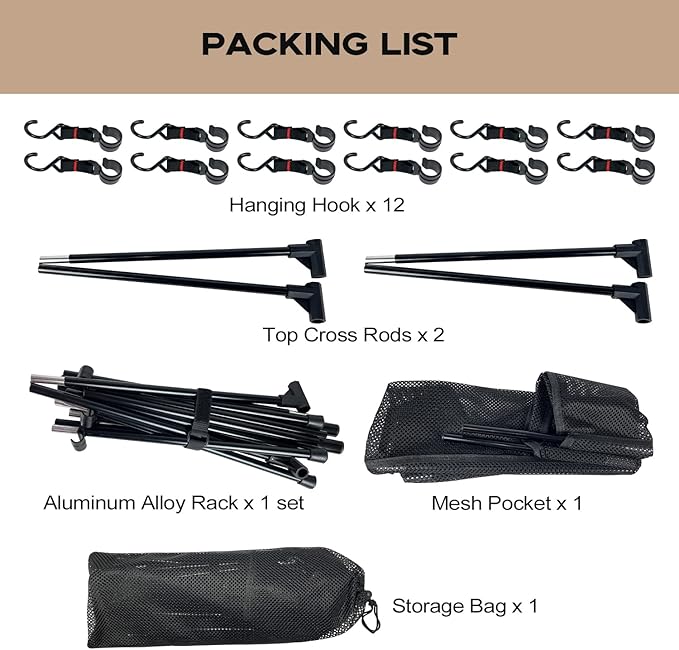 Sutekus Cookware Hanging Rack Collapsible Multifunction Camping Stand Outdoor Tools Hanging Organizer with Hooks (Large(40"X38"))